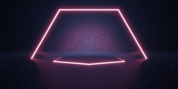 六边形激光灯光背景产品展示平台霓虹灯技术风格地板和墙壁3D插图图片下载
