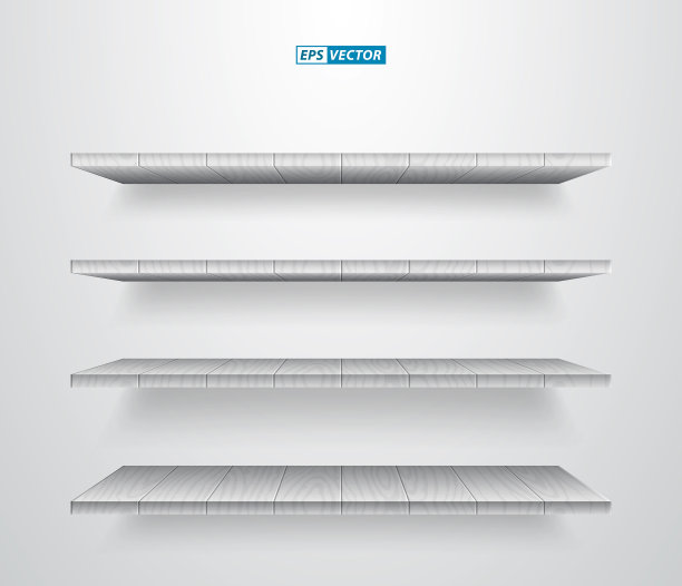 一套逼真的白色木墙隔断货架。每股收益向量图片下载