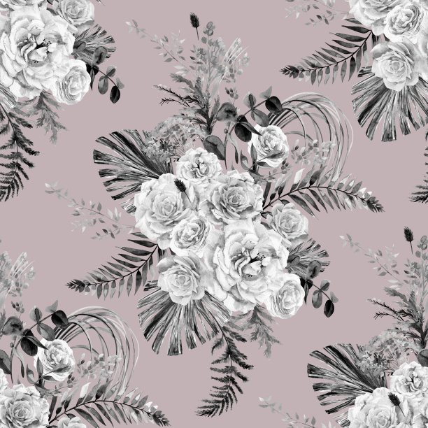 水彩复古黑白无缝图案与植物标本室的白玫瑰花和热带棕榈叶图片下载