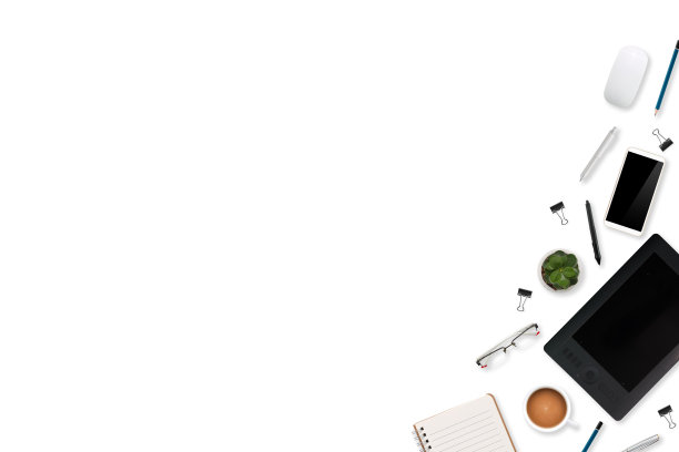 在白色背景上，有笔记本电脑、办公用品、咖啡杯、平板电脑和移动智能手机图片下载