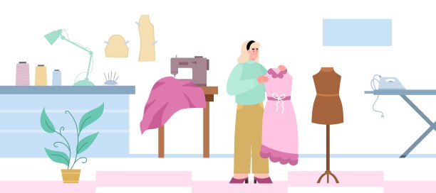 裁缝店的内部，女人裁缝矢量平面插图。图片下载