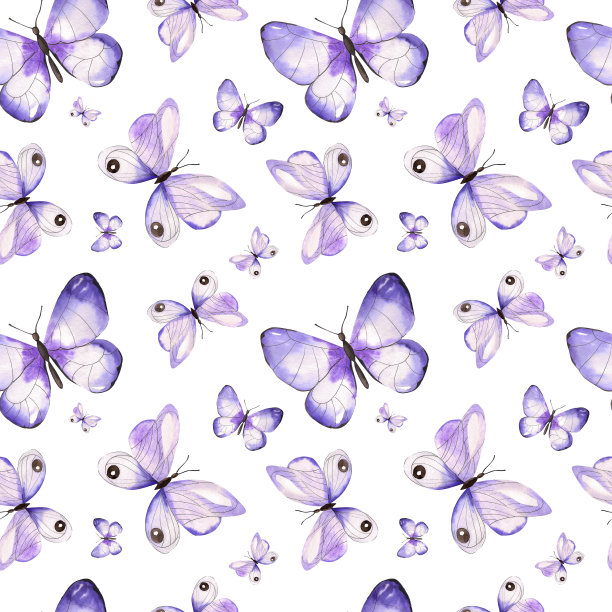 无缝水彩图案与蝴蝶。白色背景上无缝设计的紫色蝴蝶。用于背景、印刷等的插图。图片下载