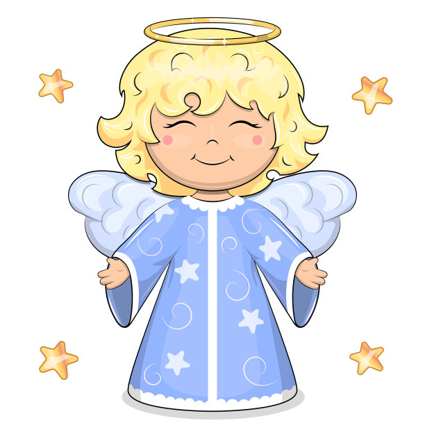 可爱的卡通金发天使，穿着蓝色衣服，长着翅膀。图片下载
