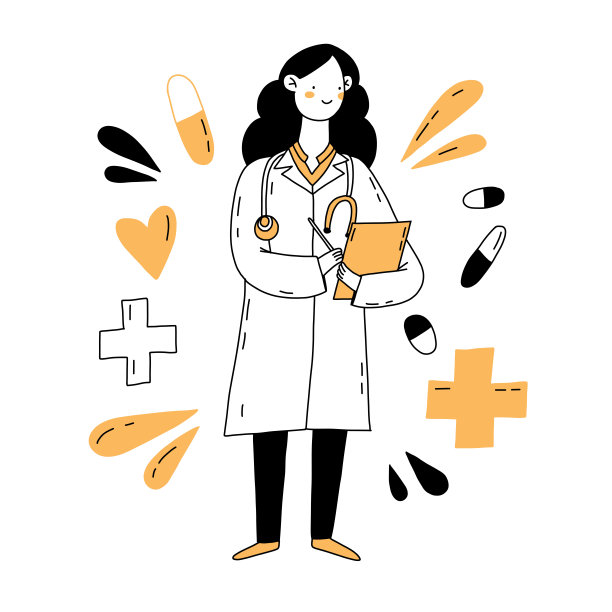 医生孤立在白色。扁平矢量女性保健专业人员。手绘矢量插图医学工作者与听诊器。图片下载
