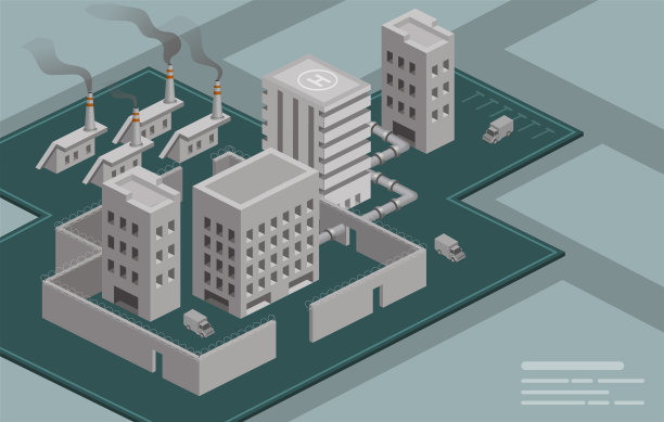 矢量等距工厂建筑。工业工厂矢量工业烟囱污染与烟雾环境，工业建筑概念。生态风格工厂，3d插画，3d渲染图片下载