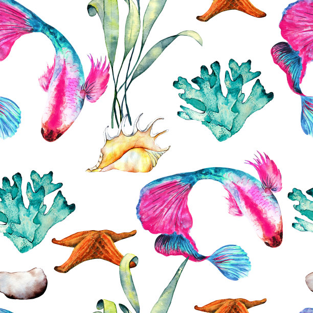 水彩鱼无缝图案。图片下载