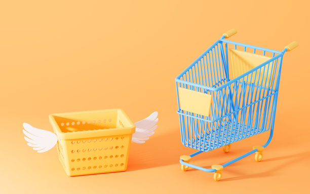 空的购物车和购物篮，3d渲染。图片下载