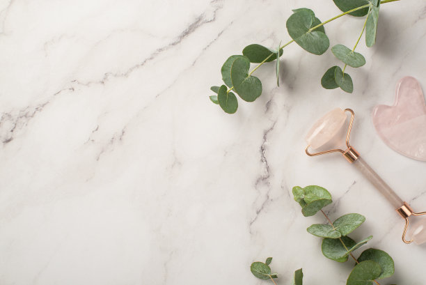 护肤概念。顶视图照片的玫瑰石英辊瓜沙按摩器和桉树在白色大理石的背景与copyspace图片下载