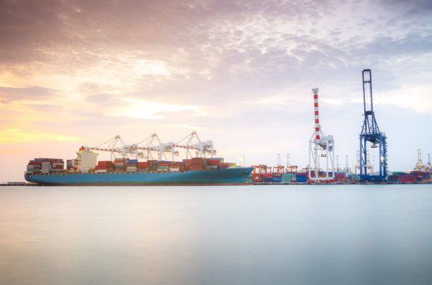 集装箱在贸易港用起重机装载，海运。图片下载