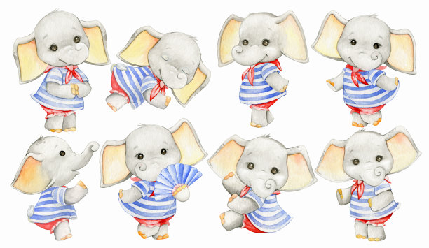 一只小象，打扮成一个水手，卡通风格的水彩画动物，在一个孤立的背景上。图片下载