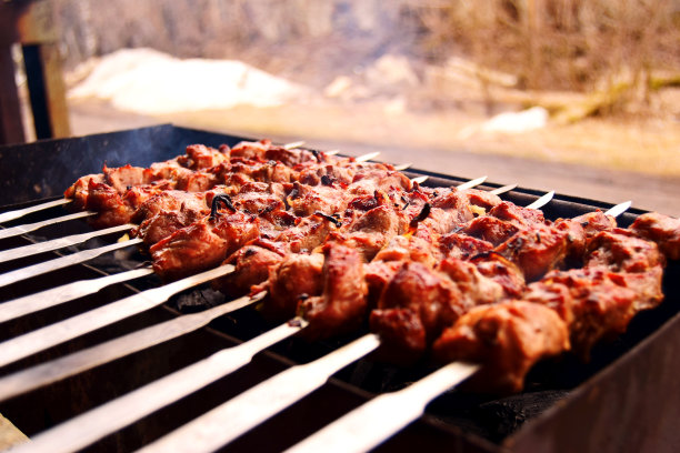 用烤肉串在煤上烤，用烟熏，柔和的焦点。烧烤季节开始了图片下载
