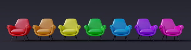 模拟房间与彩色扶手椅的黑色背景3d渲染图片下载