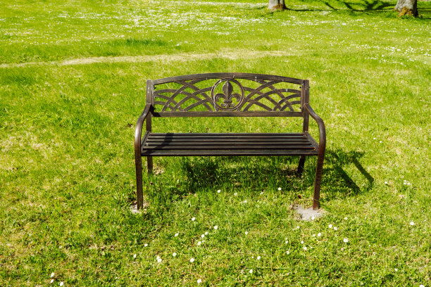 装饰性金属花园长凳的观点。春天绿色的草图片下载