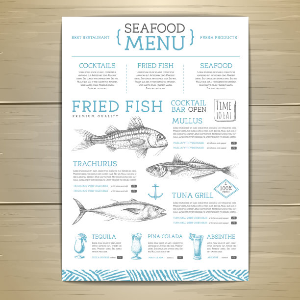 海鲜餐厅菜单设计用手绘鱼。矢量图图片下载