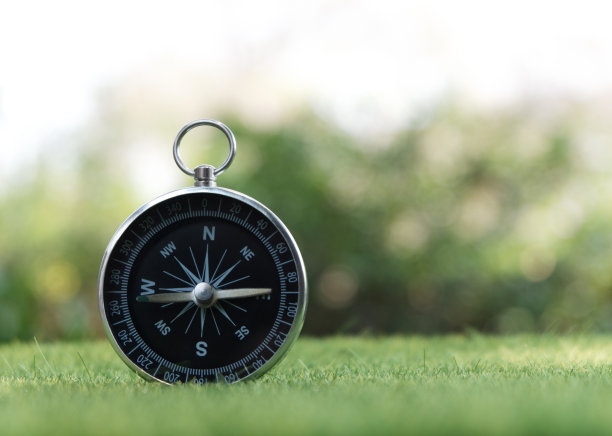 指南针放在绿草地上图片下载