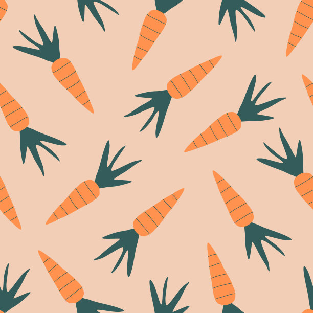 橙色胡萝卜手绘矢量插图。蔬菜无缝图案的孩子织物。图片下载