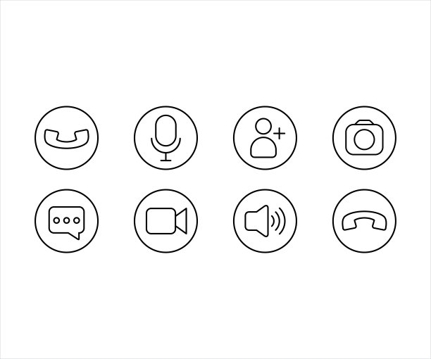 通讯线路图标集。电话，声音，麦克风，摄像头，应用程序的呼叫符号，网页，应用程序图片下载