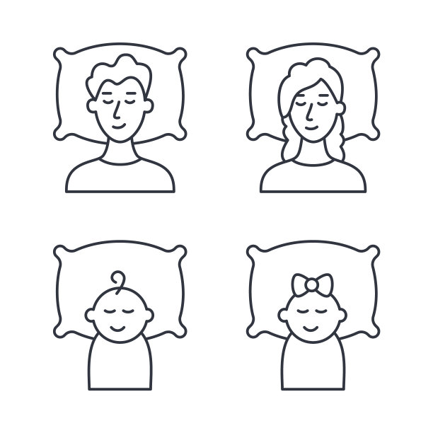 睡觉的人的家庭矢量图标。可编辑的中风。设置行符号。男人，女人，小孩睡在枕头上。孩子们的梦想男孩女孩。夜间休息放松恢复图片下载