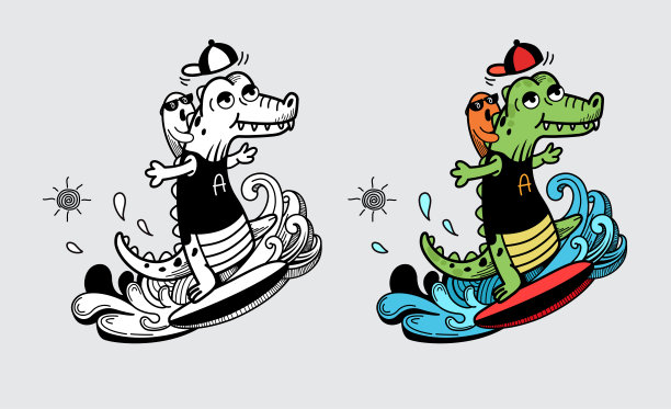 插图孤立彩色和黑白短吻鳄涂色书图片下载