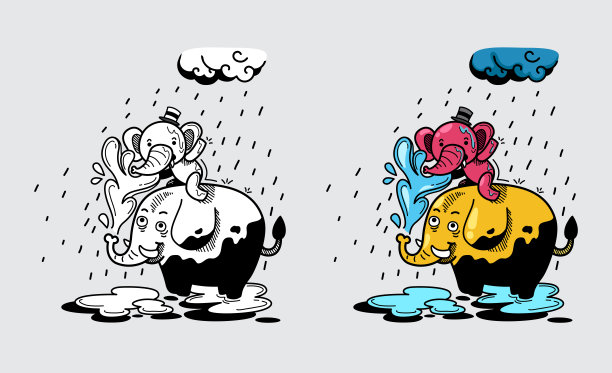 插图孤立彩色和黑白大象涂色书图片下载