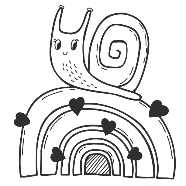 可爱的蜗牛坐在彩虹上，带着一颗心。线性手绘涂鸦。矢量插图。装饰小蛤-字小蜗牛，用于设计、装饰、印刷和装饰。图片下载