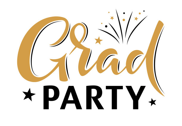 毕业生晚会。问候字母标志与星星和烟花。祝贺矢量横幅为毕业晚会，祝贺典礼，贺卡。大学、学校、学院毕业生的标志图片下载