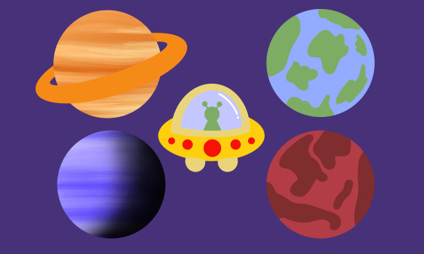 飞碟和太阳系中的外星人。色彩斑斓的行星、星系和宇宙。小行星和彗星。隔离对象的集合。太空卡通儿童海报。幻想星夜梦的背景。插图图片下载