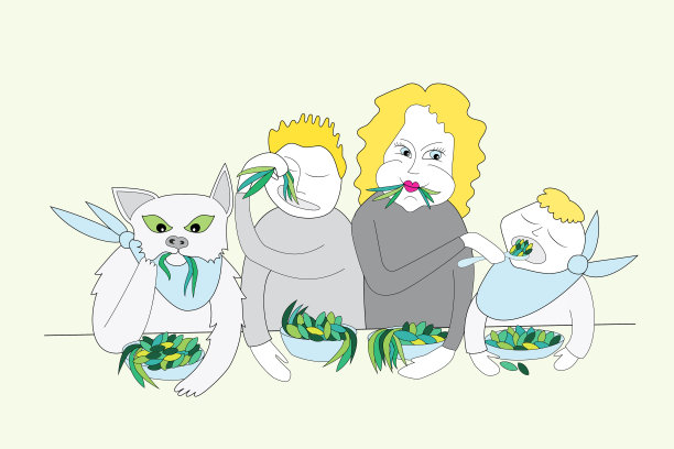 家人和猫吃晚餐，吃含有维生素和微量元素的健康沙拉。绿色蔬菜富含纤维和营养物质，对健康有益图片下载