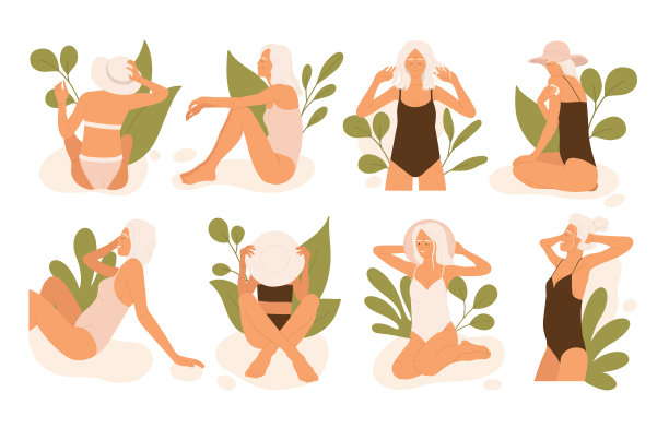 老妇人在海滩上休息，树叶。时髦的晒黑的老女人，积极的退休。时尚高级女性及暑假审美收藏。孤立的矢量插图在卡通风格图片下载