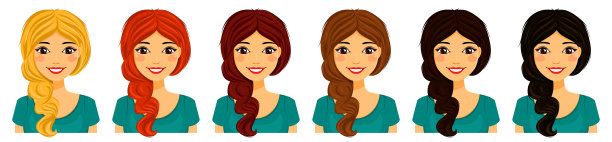 集。头发不一样的年轻女人。白色背景上的平面风格。卡通。图片下载