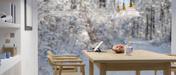 现代家庭餐厅，靠窗的木制餐桌上放着笔记本电脑图片下载