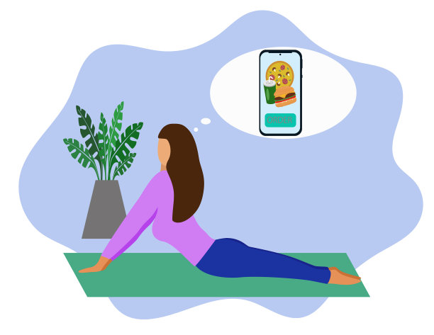 女孩在家里做瑜伽，站在狗狗脸朝上的姿势，想着通过智能手机叫外卖图片下载