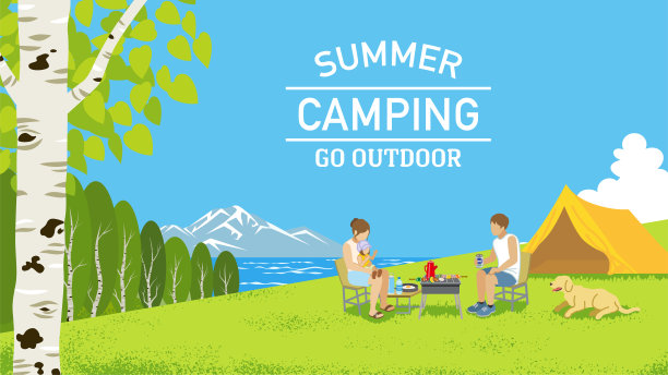 年轻的家庭和他们的狗在夏天的自然中享受野营-包括文字图片下载