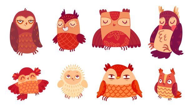 可爱的卡通猫头鹰和小猫头鹰。智慧鸟有趣的人物。秋天的动物。孩子气的婴儿猫头鹰向量集图片下载