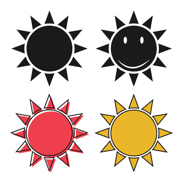 集合太阳或阳光图标符号设计，旅游海滩假日标志，抽象矢量插图图片下载