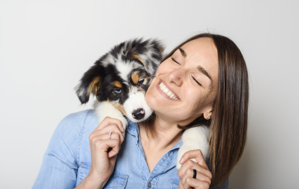 英俊的女性和她的澳大利亚伯杰小狗在工作室图片下载