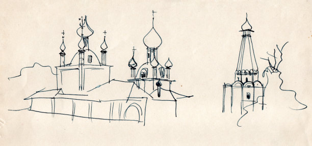 用钢笔和墨水在褪色的旧纸上手绘风景、线形素描、带有洋葱圆屋顶的古代俄罗斯风格教堂和带斜屋顶的钟塔图片下载