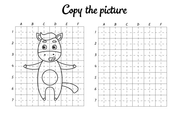 复制图片。画网格。孩子们的涂色书。书法练习，绘画技巧训练。教育开发可打印工作表。活动页面。可爱的卡通矢量插图。图片下载