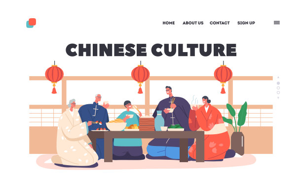 中国文化登陆页面模板。快乐的传统亚洲家庭在家里吃晚餐。年轻和年老的角色图片下载