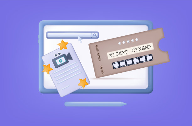 通过网上搜索和选择一张票来观看电影。带有光标的搜索栏，海报和带有首映的程序。电子门票，可进入影院，3D。向量图片下载