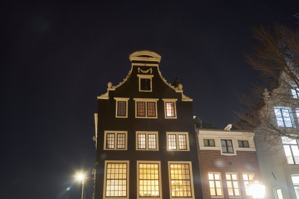 阿姆斯特丹运河夜晚的房屋图片下载