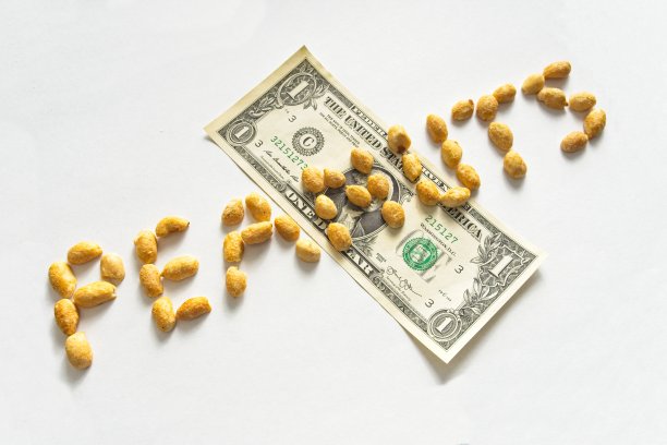 把花生印在美元钞票上，象征着购买力下降和通货膨胀图片下载