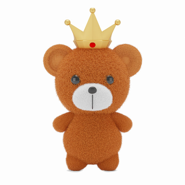 一个可爱的毛绒玩具熊的3d渲染插图与金色的冠在白色的背景。图片下载