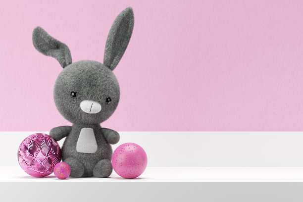 3d渲染插图的玩具兔子在白色的展示架。孩子的房间模型。图片下载