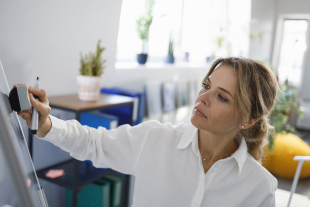 女商人或教师用海绵擦去磁性挂图上的铭文图片下载
