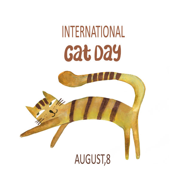 红色条纹猫，水彩插图，刻有国际猫日，8月8日。图片下载