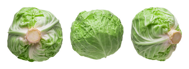 新鲜的卷心菜头，从三个不同的方面的观点，在一个白色的背景剪辑路径图片下载