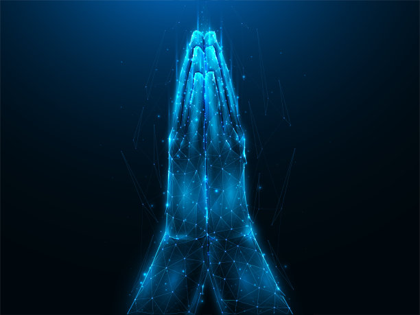 多边形矢量插图祈祷的手在深蓝色的背景。祈祷低聚设计。宗教未来主义旗帜模板或背景。宗教手势概念。图片下载