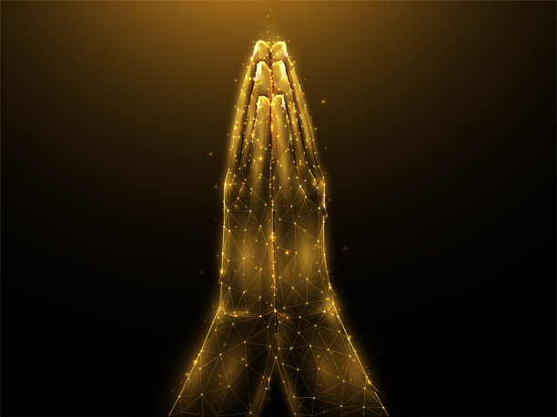 多边形矢量插图祈祷的手在黑暗的背景。祈祷低聚设计。宗教未来主义旗帜模板或背景。宗教手势概念。图片下载