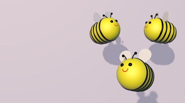 在淡紫色的背景上，三只抽象的蜜蜂以卡通儿童的风格出现，还有文字空间。孩子们的背景。图片下载